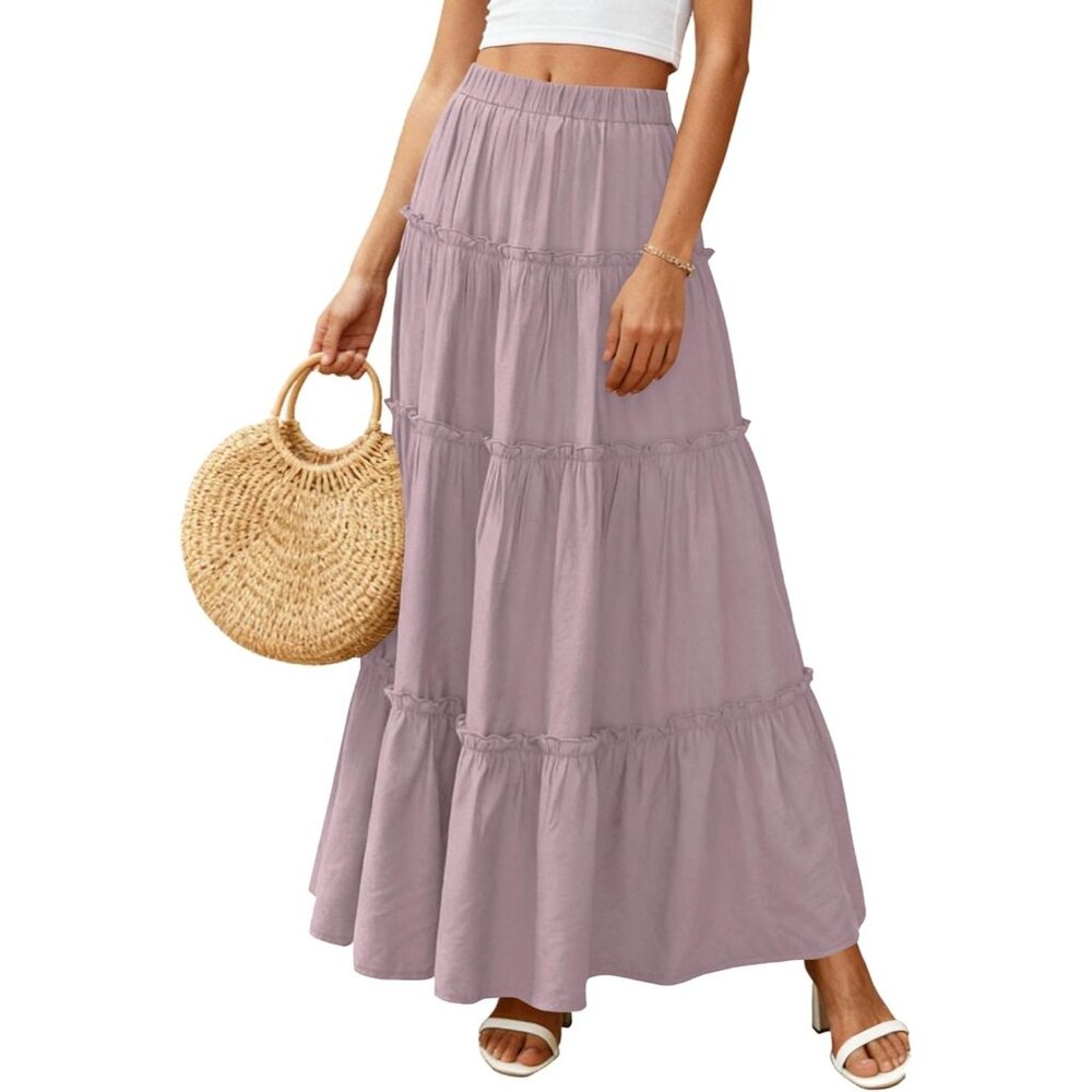 Women's Purple Boho Long Flowy A Line Tiered Beach Vacation Clothes Maxi Skirt - Picture 5 of 6